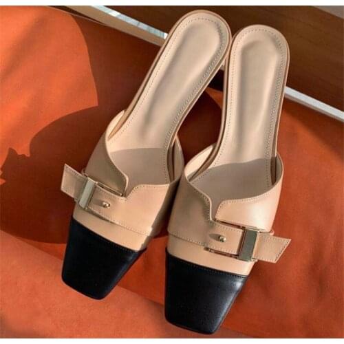 PXELENA Designer Contrast Color Mules Sandals Women Genuine Leather Buckle Square Toe Low Heels Summer Slippers Date Shoes Slide