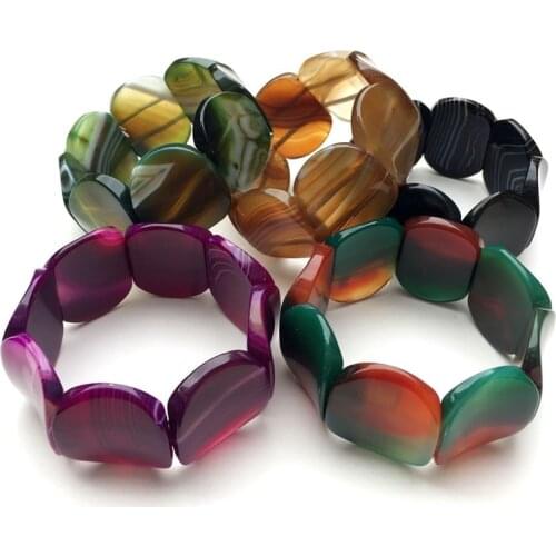 Unique hip-hop jewelry multi color stripes Botswana agates beads gem Elastic Bracelet concave shape