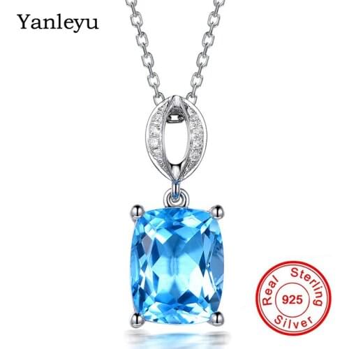 Yanleyu Real 925 Sterling Silver Necklace And Pendants Jewelry For Women Luxurious Big Blue Crystal CZ Stone Accessories PN020
