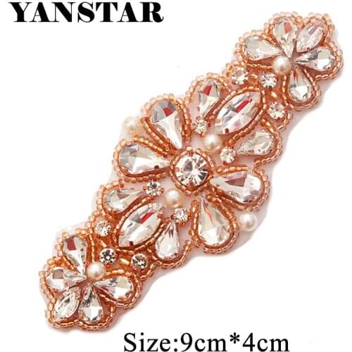 YANSTAR 5PCS Wholesale Rose Gold Rhinestones Appliques With Beads Clear Crystal Sewing On For Bridal Gown Sash YS894