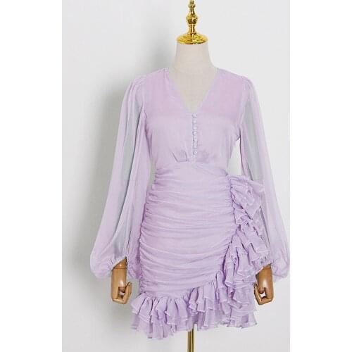 Purple Niche Design Summer New Style V-neck Puff Sleeve Folds Irregular Ruffled Holiday Dress Plus Size Clothing for Women