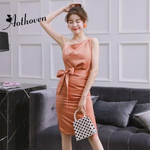 2020 Summer Bodycon Sheath Dresses Sashes Bow Sleeveless One-Shoulder Women Dress Office Lady Bandage Sexy Midi Dress Vestidos
