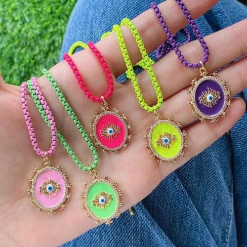 5Pcs Colorful enamel box chain necklace, fashion enamel oval/eye cz pendant necklace, for summer jewelry for gifts