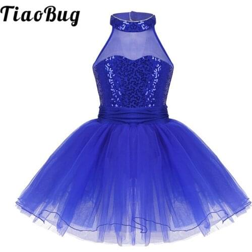 TiaoBug Girls Sleeveless Ballet Tutu Leotard Dress Kids Sequined Mesh Splice Ballet Leotards Child Stage Lyrical Dance Costumes