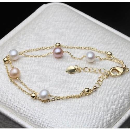 Multi Color Cultured Natural Freshwater Double Pearl Bracelet For Women,Trendy Bridal Bracelet Gold Plated Chain Birthday Gift