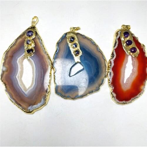 Natural Plating Color Agate Slice Pendant With Gilded Edge Druse Jewelry Ornaments