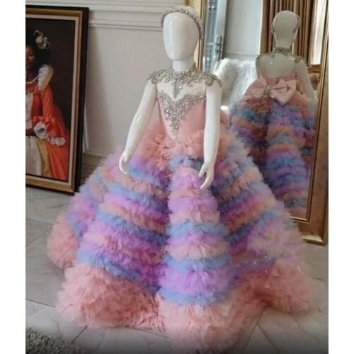 Colorful New Ball Gown Girls Pageant Dresses Shiny Beading Crystals Big Bow Princess Party Dress Communion Prom Party Gowns