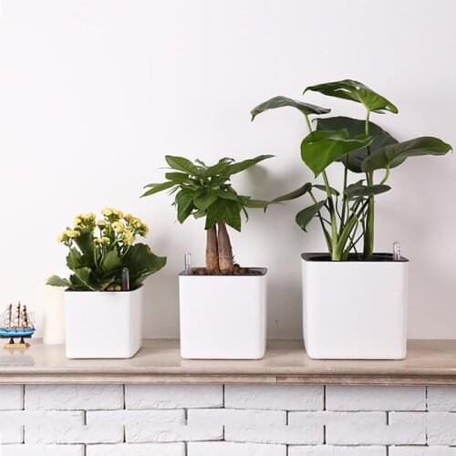 Square Lazy Flower Pot Self-Watering Plastic Flowerpot Office Home Garden Desktop Flower Pot With Water Level Indicator White