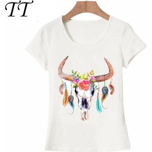 Summer Punk Women T-shirt Bohemian Watercolour bulls skull with feathers and flowers Art T-Shirt Lovely Girl Tops Casual Tees