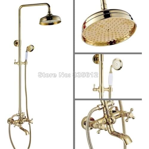 Rain Shower Faucet Set W/Wall Mounted Bathroom Gold Color Brass Dual Cross Handles Bathtub Mixer Tap with Handheld Shower Wgf391