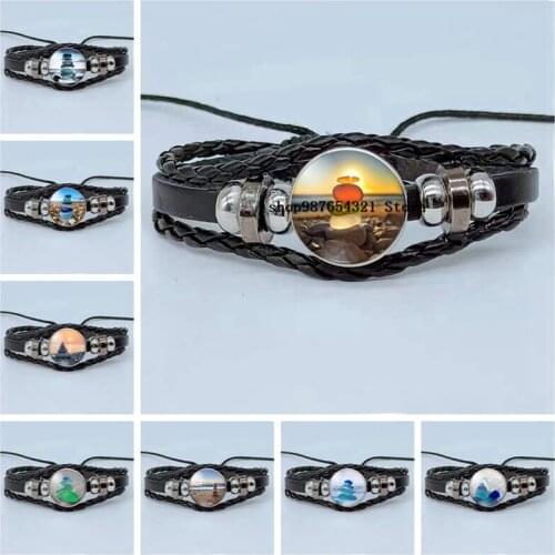 New Summer Beach Pebble Bracelet Cabochon Glass Color Stone Balance Stone Photo Bracelet Multilayer Woven Leather Bracelet