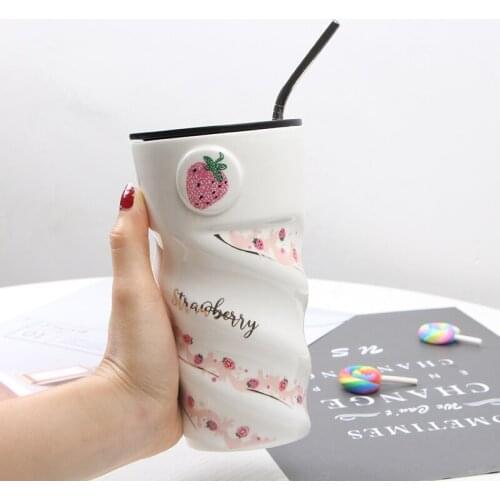 Personalized creative ceramic mark girl large capacity 500ml milk coffee cup office use cute milk cup water cup send straw