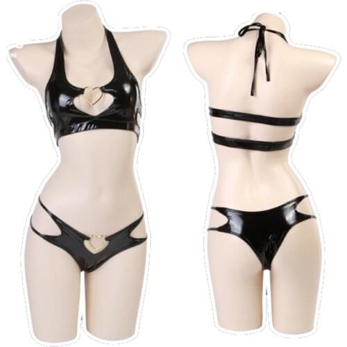 Sexy Halloween Outfits for Women Maids Uniform Black Anime Demon Devil Costume Cosplay Lingerie Hollow Out Leather Underwear Set