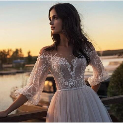 Modest Lace 2021 Wedding Dress for Beach Weddings 3/4 Sleeve Women Custom Made Vintage Bride Dresses Gowns Boda Casamento