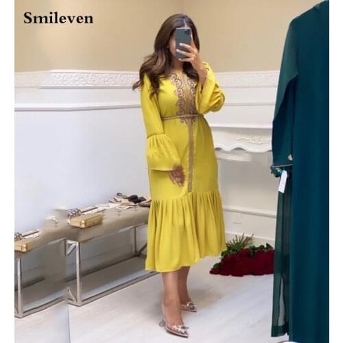 Smileven Yellow Moroccan Kaftan Formal Evening Dress Gold Lace Beaded Arabic Muslim Dress Dubai Special Occasion Dresses