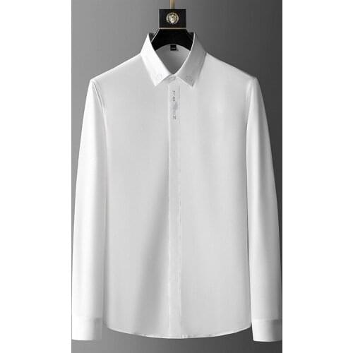 Vintage Flower Embroidery Mens Shirt Letter Rhinestone Long Sleeve Casual Shirt Slim Business Social Formal Dress Men Clothing