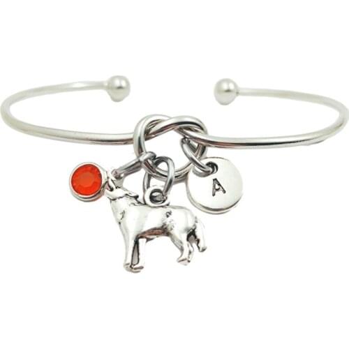 Wolf Animal Retro Creative Initial Letter Monogram Birthstone Adjustable Bracelet Fashion Jewelry Women Gift Pendant