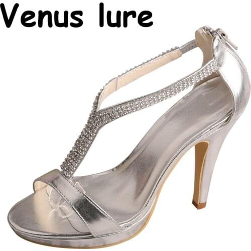 Wedopus Platform Sparkly Wedding Heels Silver PU Leather Summer Sandals in Party