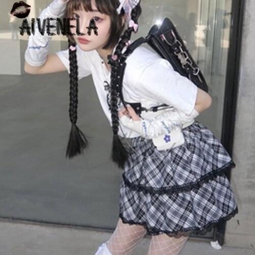 Harajuku Japanese Hot Girls Black White Plaid Skirt Cake Mini Skirts Streetwear Y2k Girl Women Emo Egirl Wear AFC1036