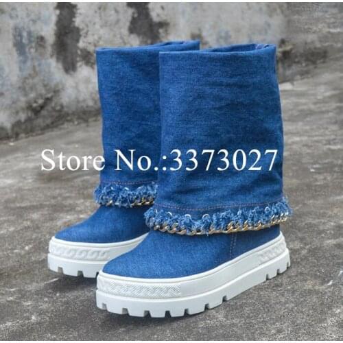 Woman Denim Increasing Heel Wedge Boots Lady Fashion 10cm Wedge Heel Chains Mid-calf Boots Female Sexy Platform Casual Boots