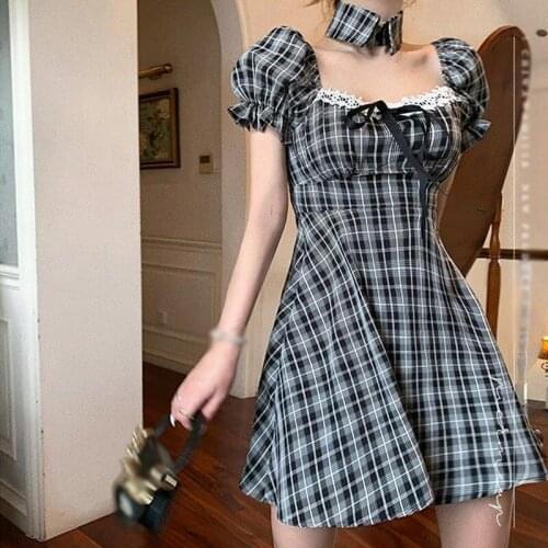 Women Dresses Puff Sleeve Square Collar Plaid Holiday Dress Female Short Waist Slim Dress Vestido
