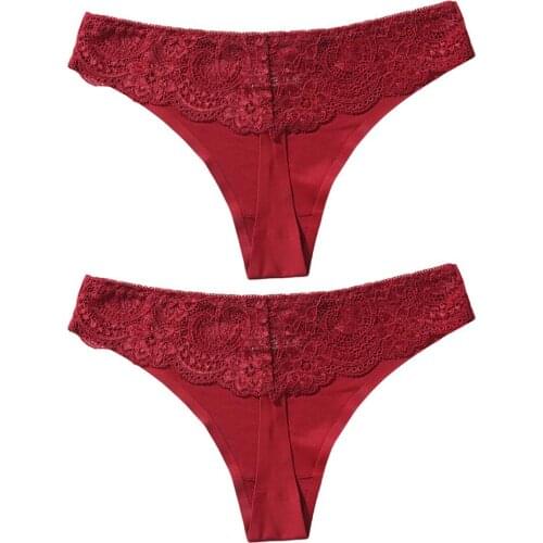 2Pcs Women Sexy Solid Color Low Waist Seamless Lace Trim Elastic G-String Thong Daily inside wear suitable for different pants