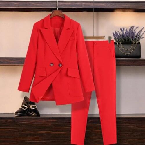M-5XL Large Size Womens Suit Pants Set New Autumn And Winter Casual Professional Red Jacket Blazer Casual Trousers Set Of Two