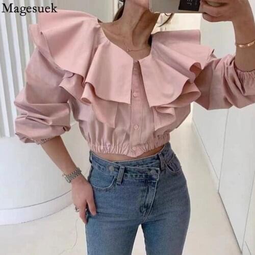 Autumn Sexy Crop Tops Korean Fashion Big Lapel Womens Shirt Long Sleeve Casual Pleated Ruffle Blouse Women Pink Blusas 17296