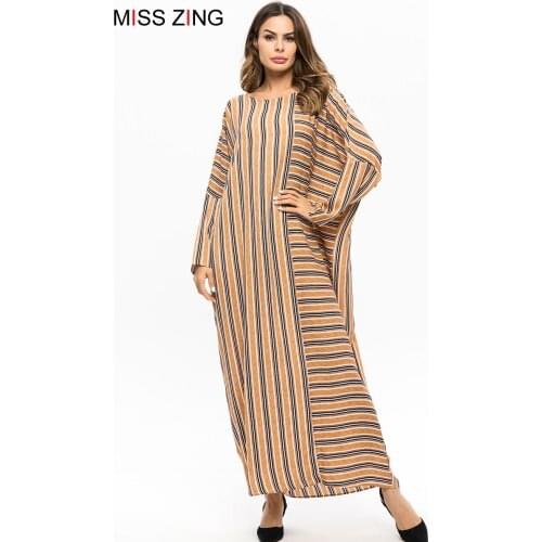 Zing Grid Casual Women Bat Sleeve Dress Muslim Abaya Kimono Long Gowns Ramadan Middle East Islamic Prayer Clothing Plus Size