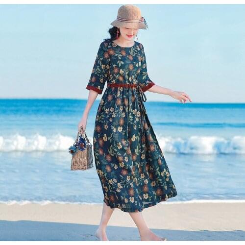 Women 2021 Summer Fashion Cotton Linen Loose Dress Female New O-neck Long Vestidos Ladies Printed Pocket Beach Dresses T98