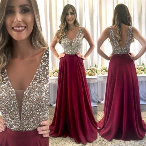 Burgundy Bling Bling V Neck Prom Dresses Long 2021 vestidos de fiesta de noche Open Back Beaded Crystal Formal Evening Gowns