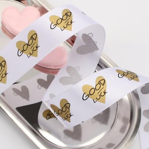 1''(25mm) 50 Yards Handmade Printed "GOOD LUCK"Polyester Ribbon for Bow Craft Wedding Party DIY Decor Gift Packaging Accessories