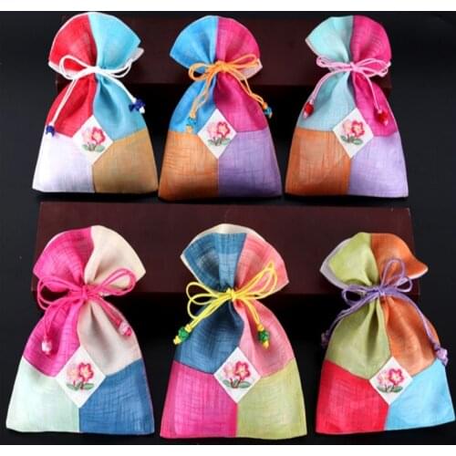 Patchwork Colorful Small Cloth Pouch Wedding Party Favor Bags Drawstring Slubby yam Jewelry Bag Fabric Gift Packaging Bags 10pcs
