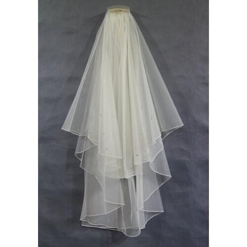 2 Layer Ivory Scattered Crystal Wedding Veil Fingertip Pencil Edge Bridal Veil