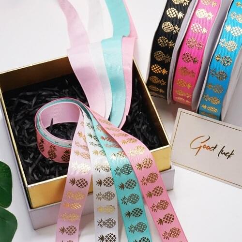 Free shipping 50 yard 22mm pineapple golden foil ribbon printed grosgrain ribbon K3201631