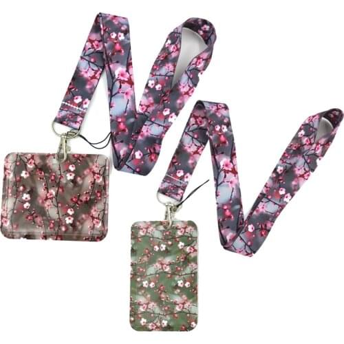 Cherry Plum blossom Tree Flowers Key lanyard Car KeyChain ID Card Pass Gym Mobile Phone Badge Kids Key Ring Holder Jewelry