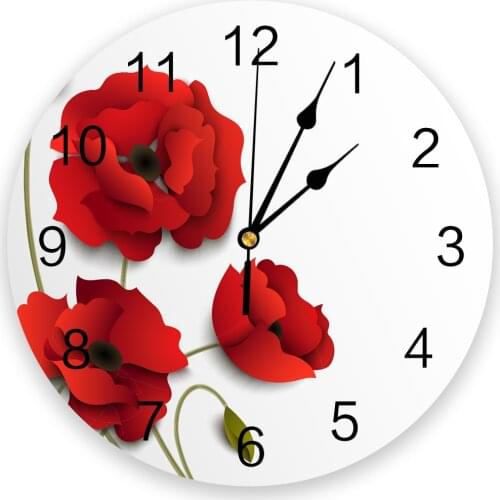 Red Poppy Flower Silent Decorative Wall Clock Digital Clock Operated Round Home Office School Clocks