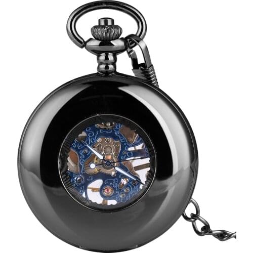 Black Hollow-out Pocket Watch Smooth Case With Blue Dial Mechanical Pendant Necklace With Chain Clock reloj de bolsillo