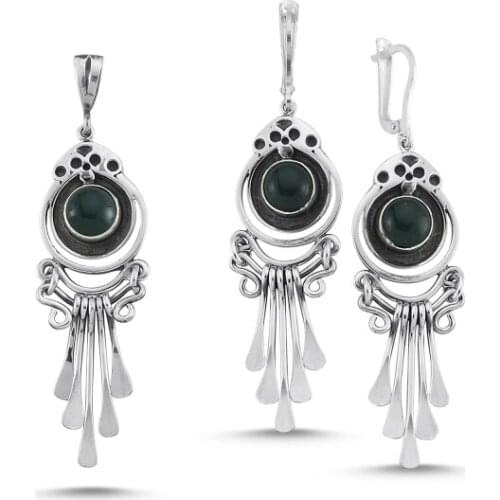 Kutaydan Green Agate Stone Handwork 925 Sterling Silver Set Made in Turkey