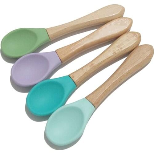 2PCS New Colors Baby Wooden Spoon Organic BPA Free Silicone Tip Toddlers Infant Feeding Spoon Food Grade Material Soft Tableware
