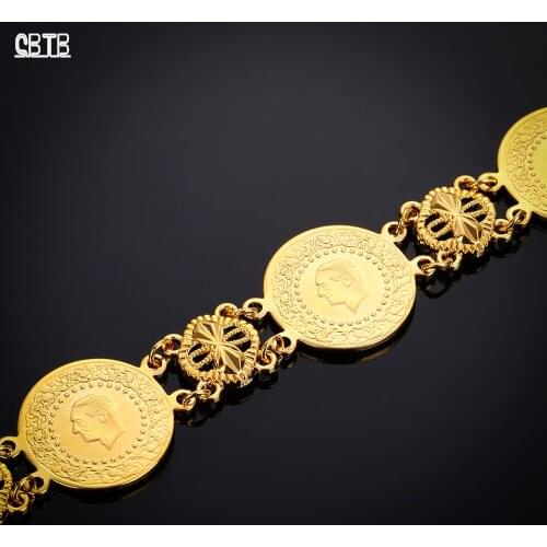 Fashion Islamic Muslim Arab Gold Coin Bracelet Women Men Middle East Jewelry Gift Vacuum Plating 18K Real Gold Never Fading