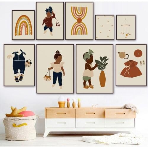 Cartoon Baby Girl Rainbow Number Alphabet Boho Wall Art Canvas Painting Nordic Posters And Prints Wall Pictures Kids Room Decor