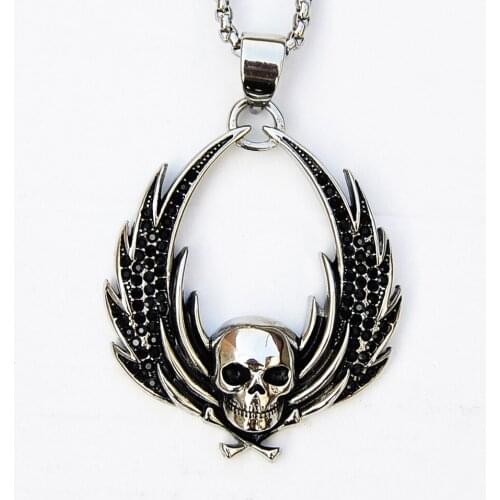 AsJerlya Stainless Steel Skull Wing Long Necklace Men Punk Pendant Chain For Women Man Jewelry White Black Zircon Dropshipping