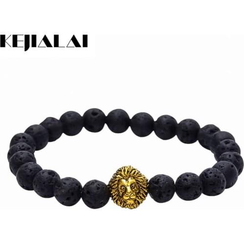KEJIALAI Men Jewelry Beaded Bracelet Antique Buddha Leo Lion Head Black Lava Stone Bracelet Elastic Rope Pulseras Collier KJL094