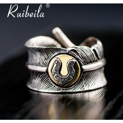 Ruibeila retro horseshoe feather ring men and women couple ring 100% 925 silver opening adjustable silver ring