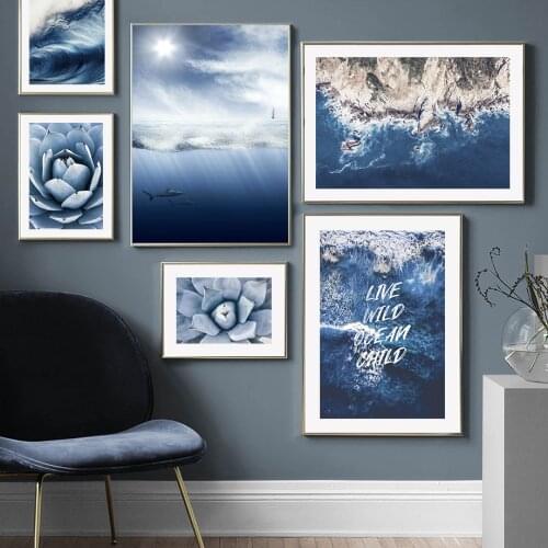 Blue Wave Coast Flower Succulents Hands Wall Art Canvas Painting Nordic Posters And Prints Wall Pictures For Living Room Decor