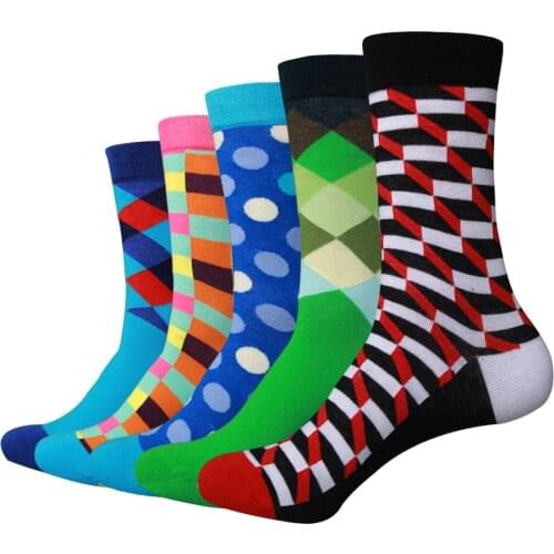 HAPPYPOP Mens Dress Cool Colorful Fancy Novelty Funny Casual Cotton Crew Socks (5 pairs / lot )