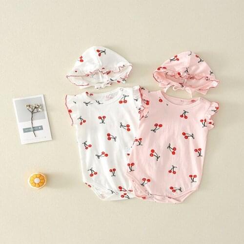 2019 NEW Baby Girls Clothes Summer Sunsuit Cherry Print Princess Rompers+Sun Hat Brief Set Infant Outfit Girls Jumpsuit Clothes