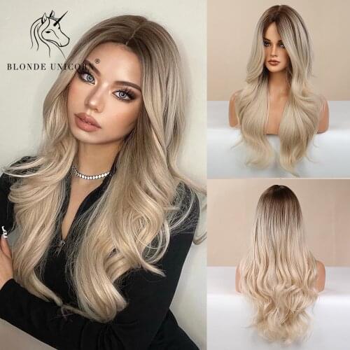 BLONDE UNICORN Long Wavy Hair Wig Ombre Brown Light Blonde Platinum Cosplay Daily Natural Heat Resistant Synthetic Wig for Women