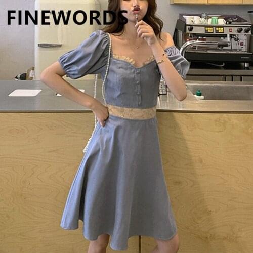 FINEWORDS Janpan Kawaii Square Collar Blue Summer Dress Palace Style Elegant Korean Dress Vintage Sexy Elegant Party Dresses